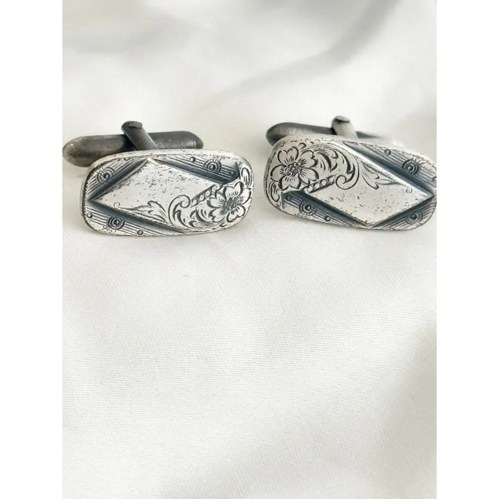 Etched flower cufflinks Swank silver tone rectangle